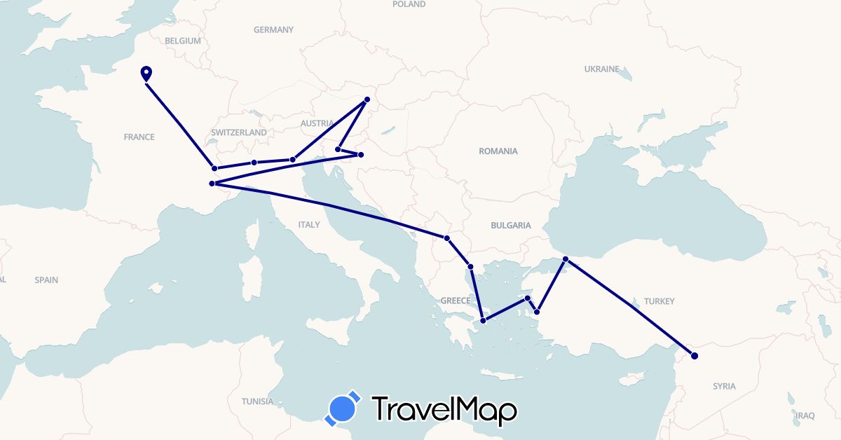 TravelMap itinerary: driving in Austria, France, Greece, Croatia, Italy, Macedonia, Slovenia, Syria, Turkey (Asia, Europe)
